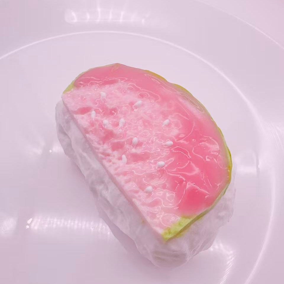 Handmade Guava Soufflé Taba Squishy toy, pink guava dessert inspired stress relief squishy with soft texture, realistic souffle design, perfect kawaii squishy for collectors and decor