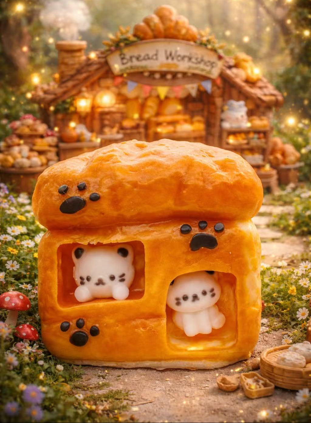 Cat Toast House Taba Squishy with cute cats inside a toast-shaped house, handmade silicone squishy toy with fairy bakery style