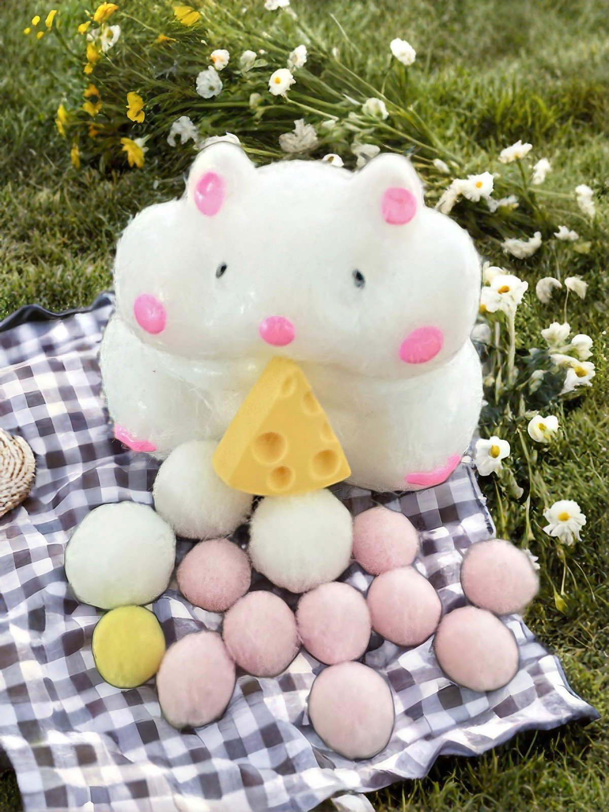 Adorable cheese stealing hamster squishy displayed outdoors on a picnic cloth with pastel decorative balls, perfect for kawaii collection.