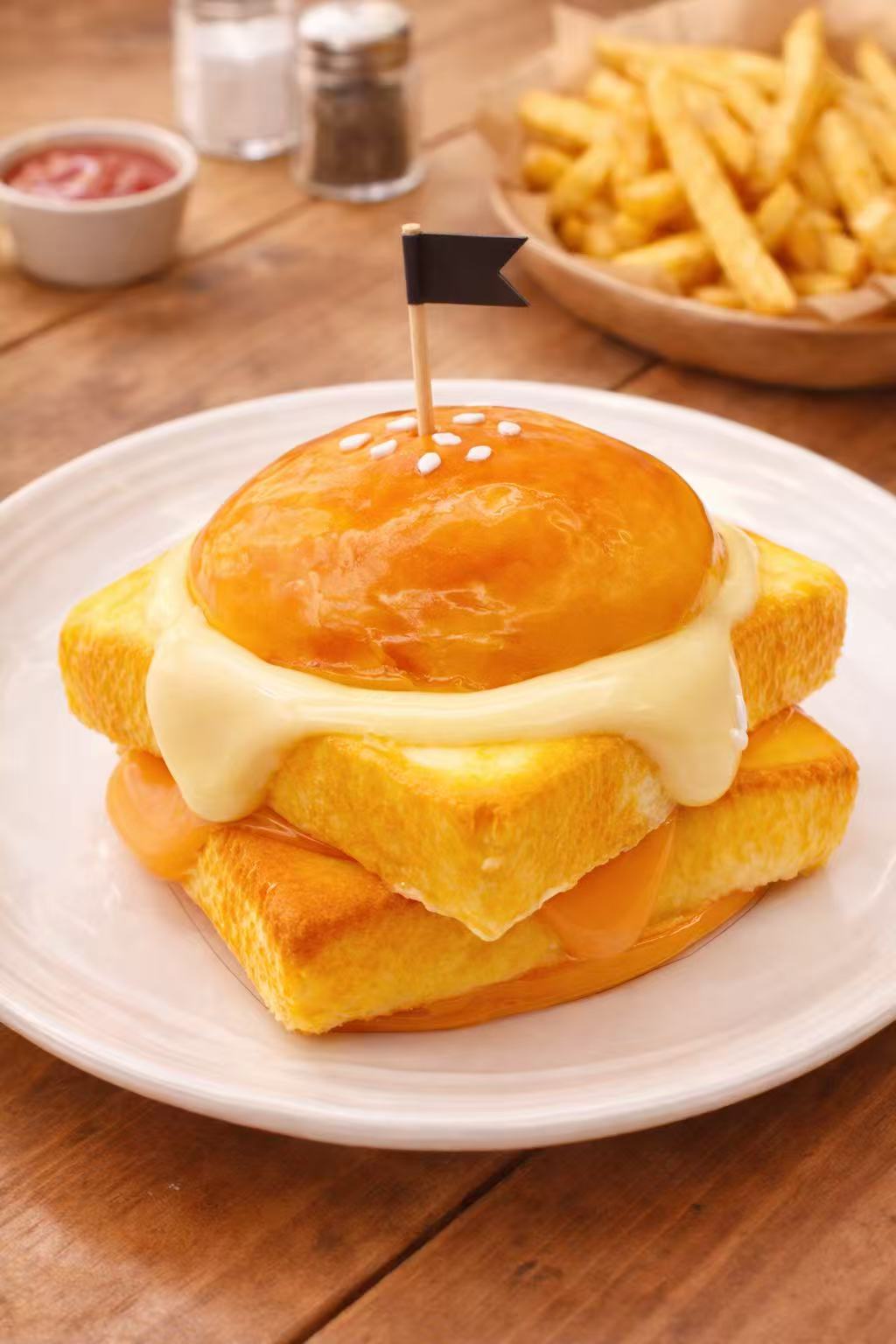 Double Fish Fillet Burger Taba Squishy featuring ultra realistic double fish layers, melted cheese details, and handmade gourmet burger design