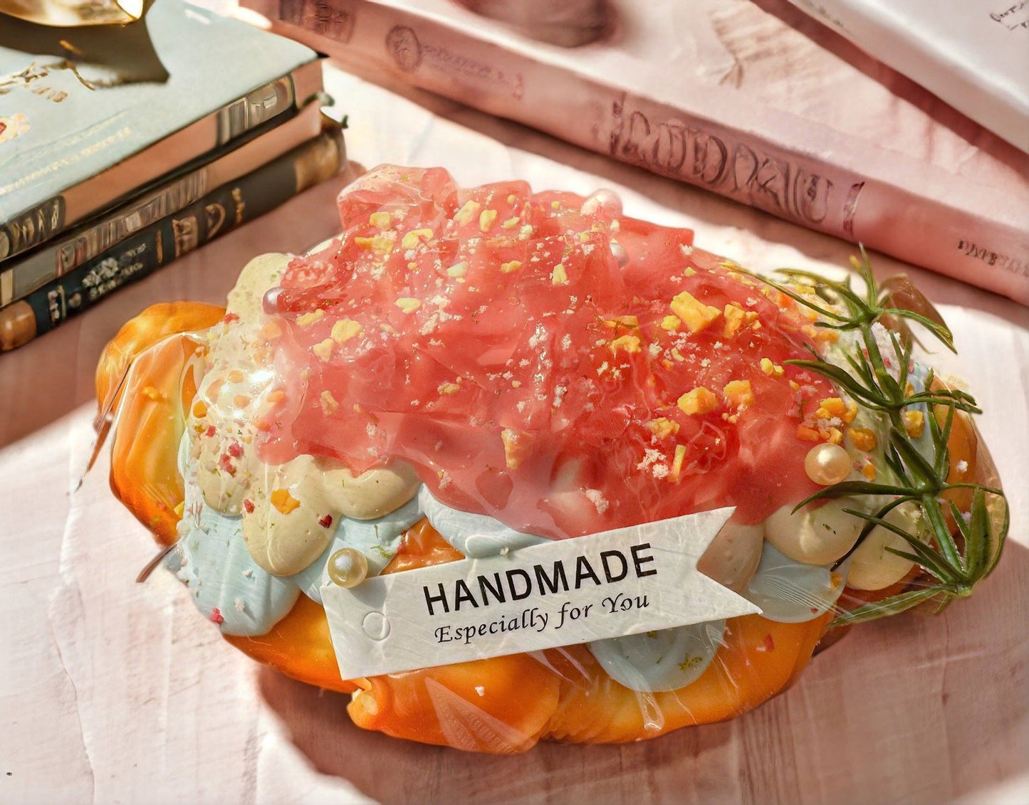 Side view of handcrafted peach cream croissant squishy with golden crust and soft layers