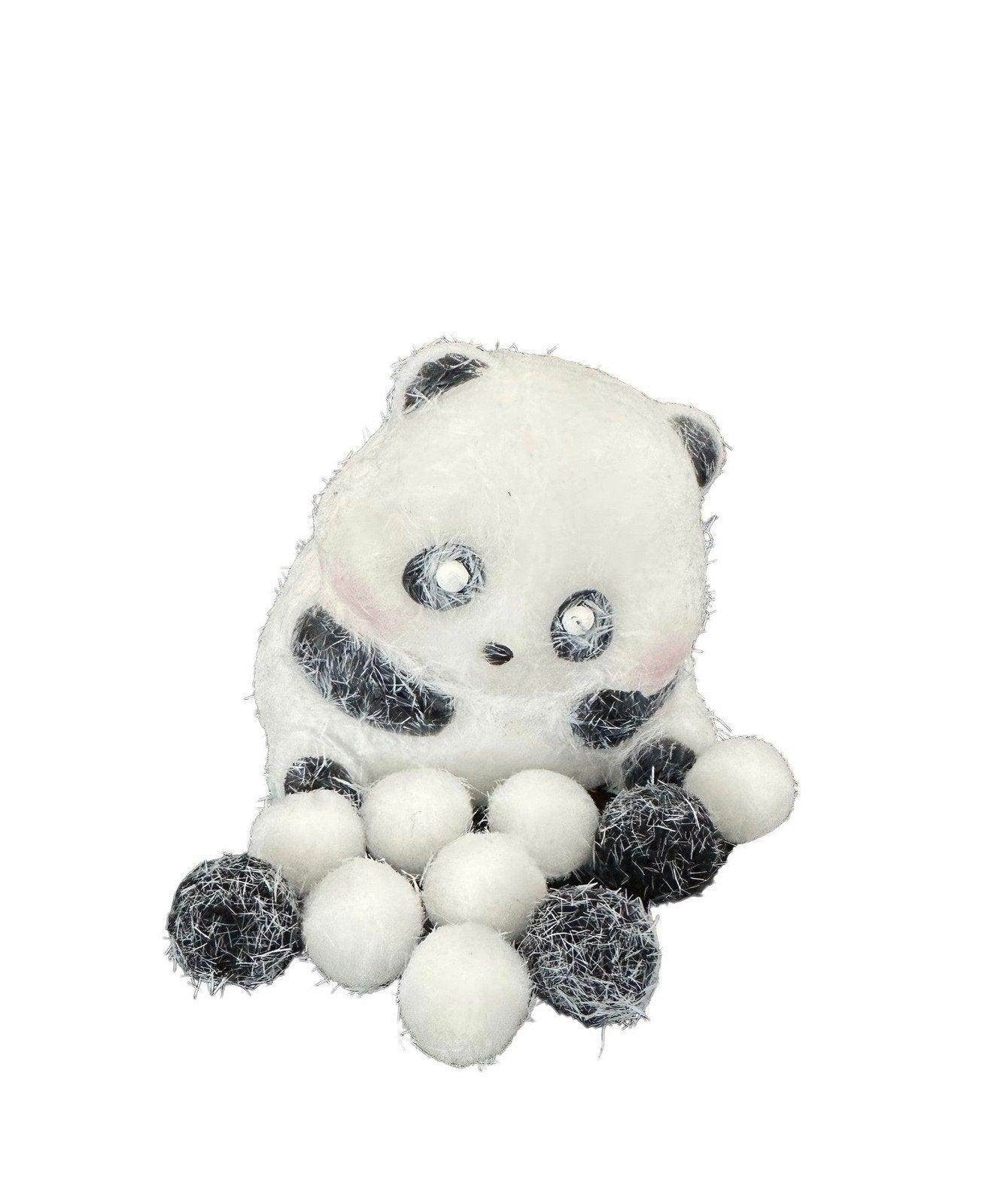 Side view of flocked cute panda squishy toy with rounded body, holding mini bamboo shoot, perfect for kawaii toy collectors and display.