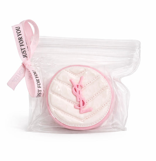 Luxury cushion makeup taba squishy in pink and white, packaged in a clear zip pouch with ribbon, shown on a clean white background for product detail display.