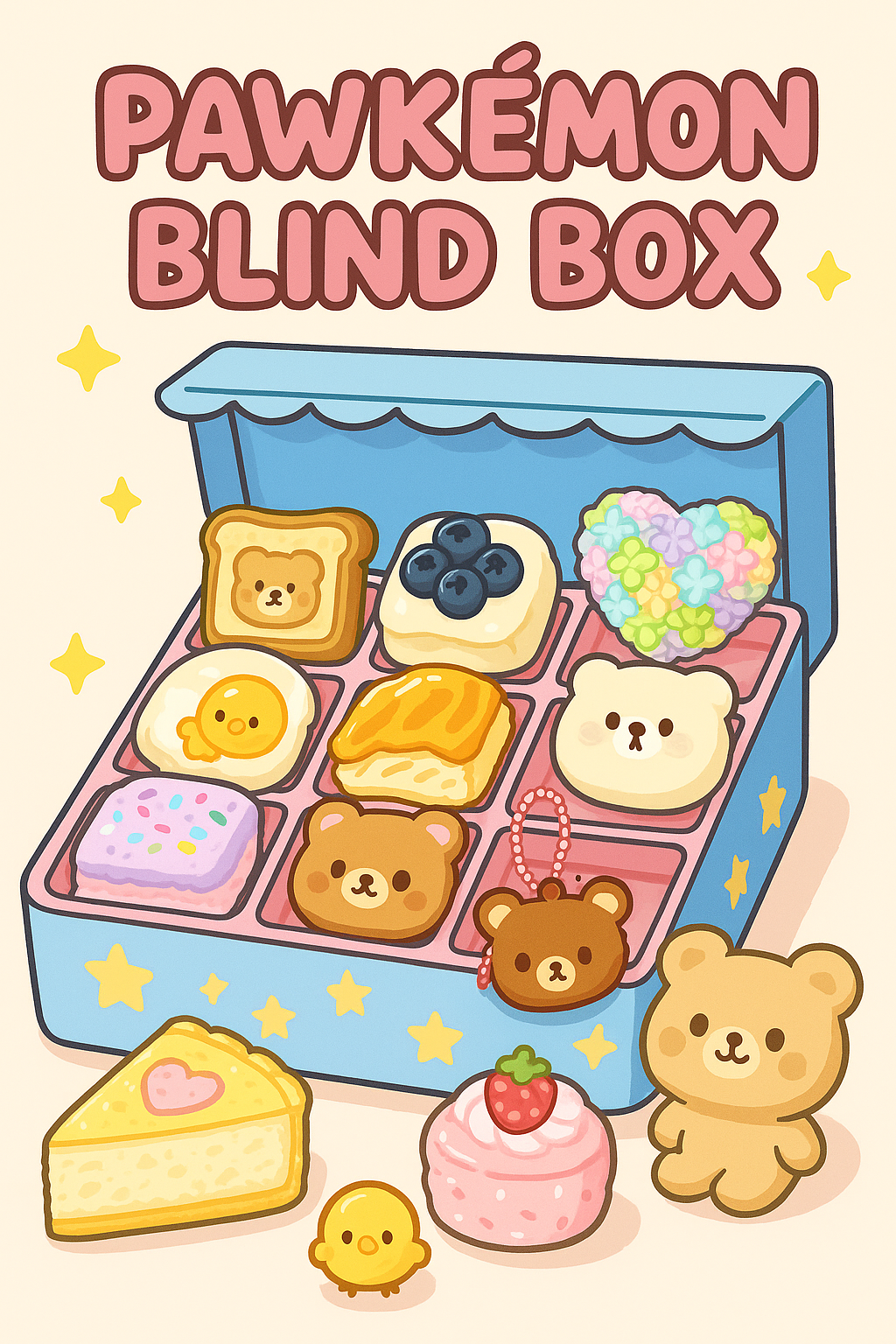 Illustration of a 'Pawkémon Blind Box' with various cute items on a light pink background.