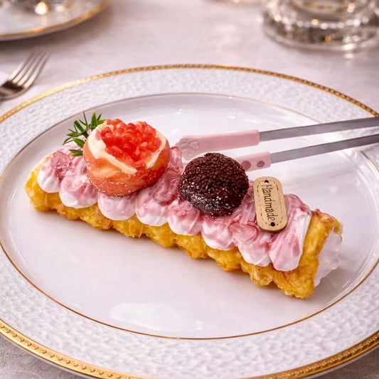 Pomegranate berry dessert squishy displayed on luxury ceramic plate, handmade fruit taba squishy with realistic dessert details