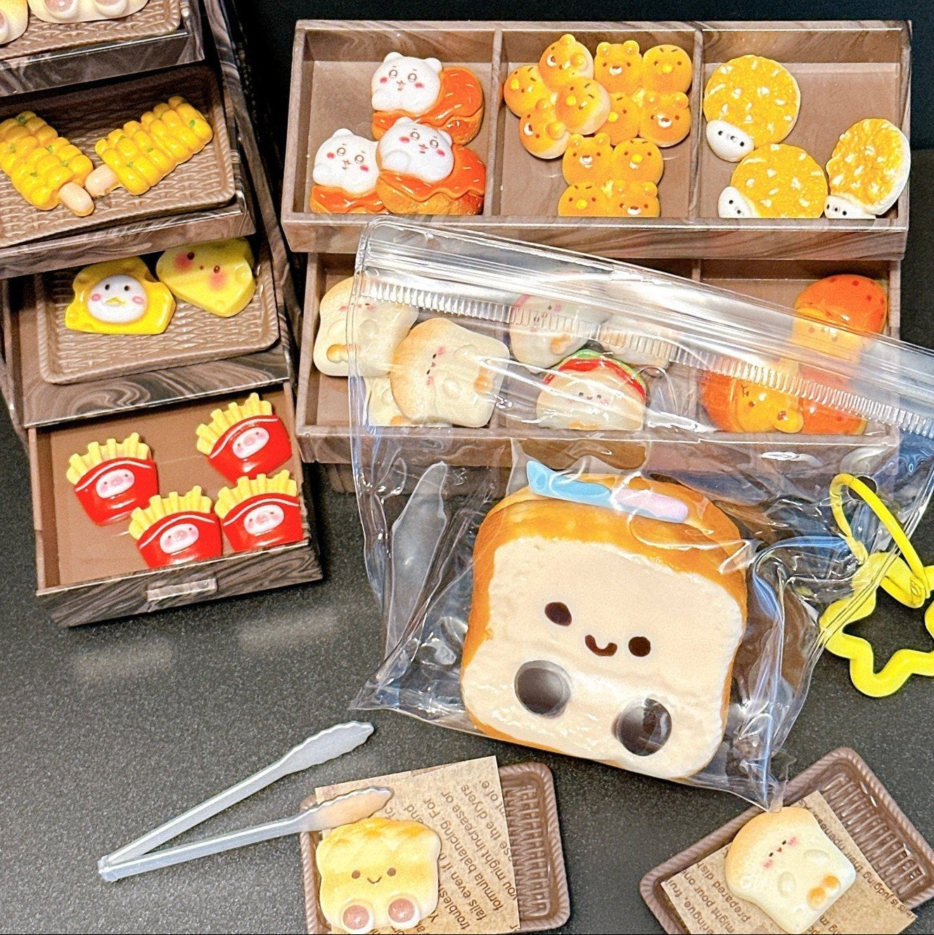 Cute puppy toast squishy inside transparent bag with bakery-themed items displayed behind