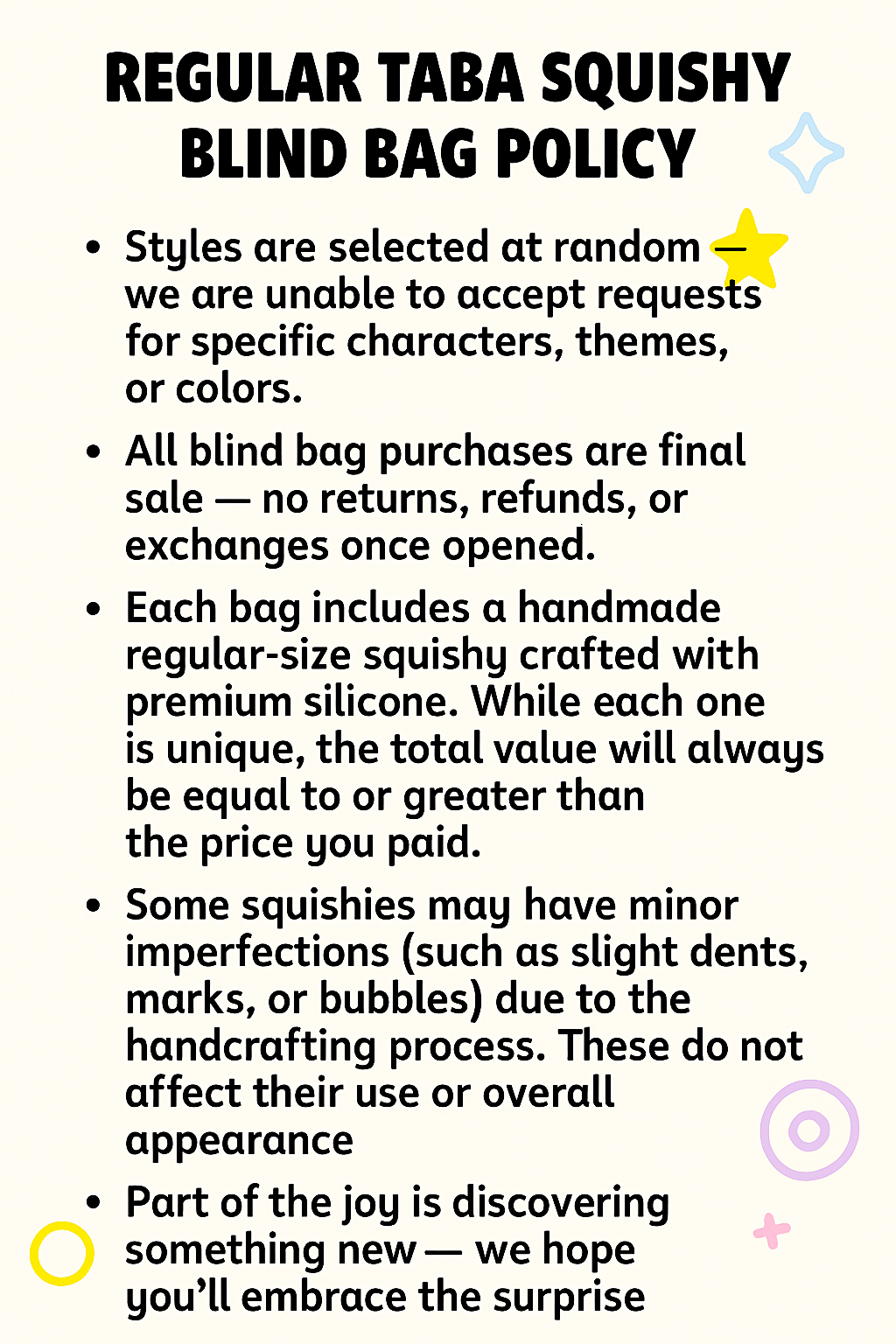 Text detailing the Regular Taba Squishy Blind Bag Policy with decorative elements.