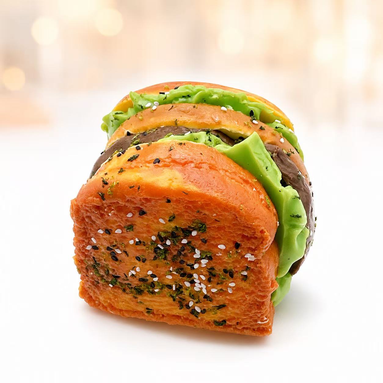 Front view of the 6-Layer Jumbo Sandwich Taba Squishy by Pawkemon Squishy, a handmade silicone sandwich squishy with toasted bread, lettuce, layered filling, and sesame details.