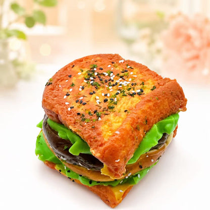 Side view of the 6-Layer Jumbo Sandwich Taba Squishy, featuring thick toasted bread, green lettuce, layered filling, and realistic handmade food details.
