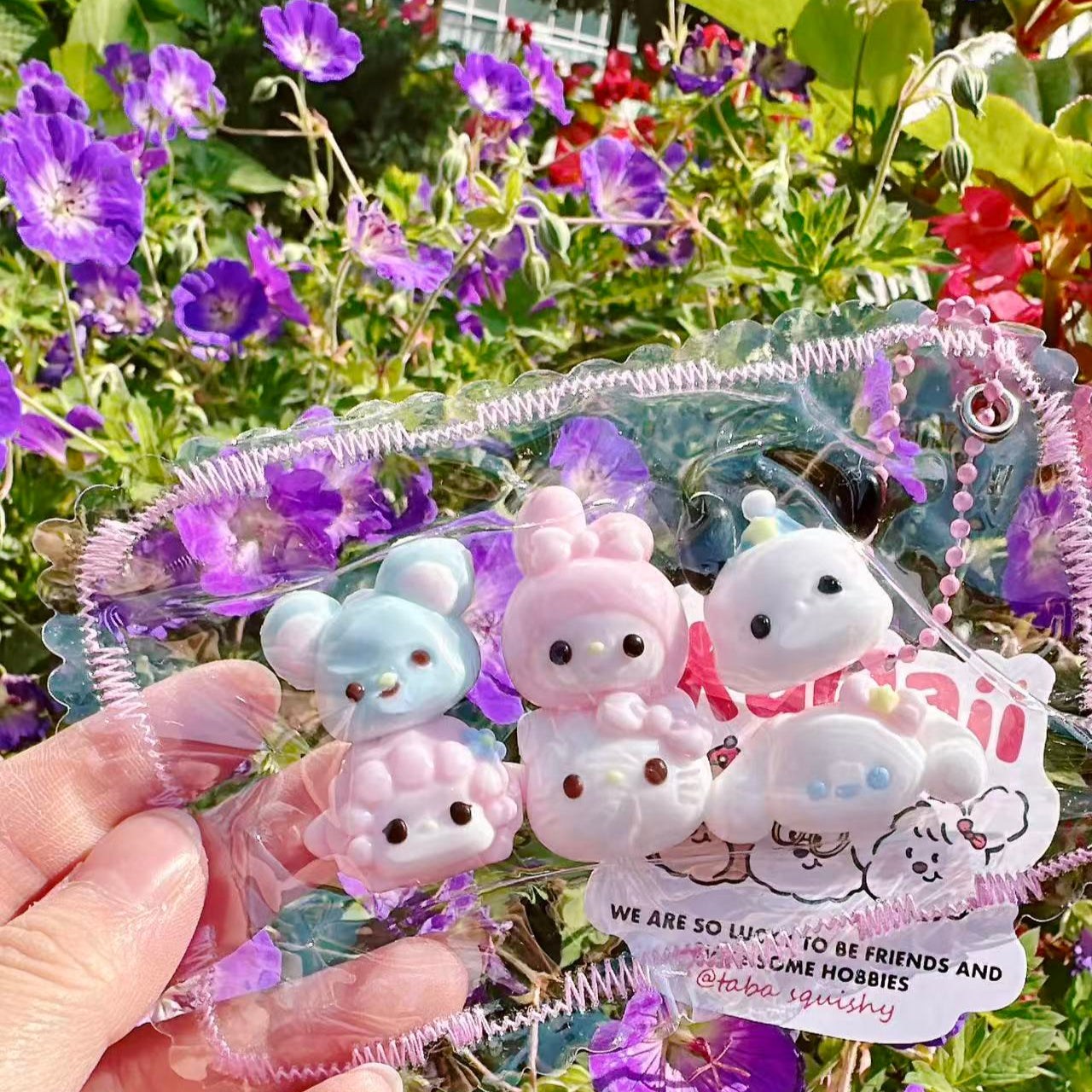 6-piece Sanrio Taba Squishy set featuring pastel animal characters in a clear bag with floral background, kawaii collectible stress relief toys