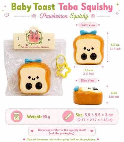 Size chart for Baby Toast Taba Squishy by Pawkemon Squishy, showing the handmade silicone toast squishy measuring about 5.5 x 5.5 x 3 cm and weighing about 90 g.