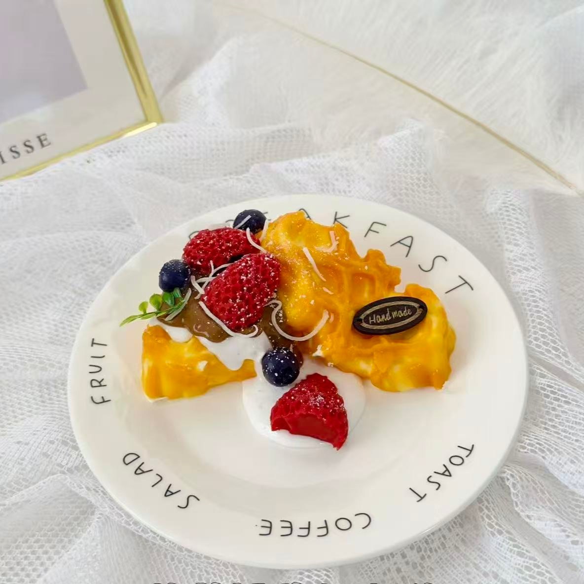 Berry Blossom Waffle Taba Squishy – handmade silicone squishy toy with strawberries, blueberries, cream, and waffle design, kawaii stress relief collectible