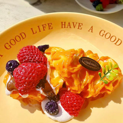 Handmade Berry Blossom Waffle Taba Squishy, realistic silicone dessert squishy featuring strawberries, blueberries and cream details, cute collectible stress toy for display and gifting