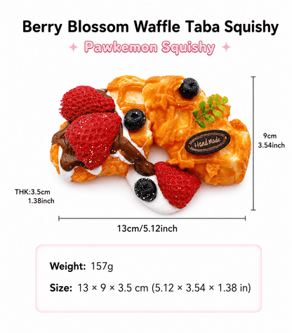 Berry Blossom Waffle Taba Squishy with measurements and details on a white background