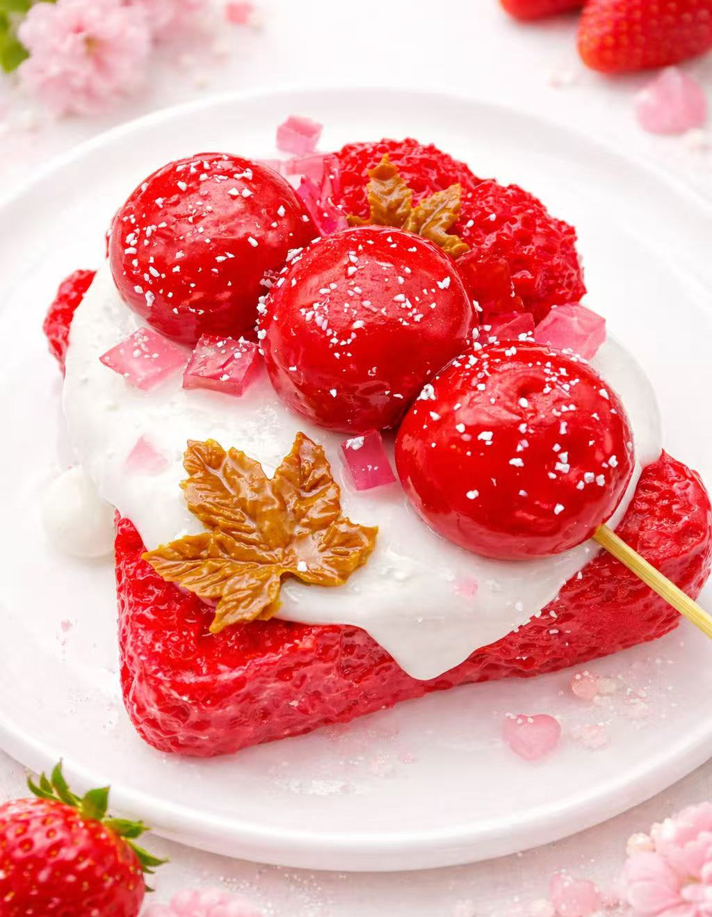 Candy Apple Strawberry Toast taba squishy, handmade silicone squishy with glossy candy apple skewer, strawberry red toast base and creamy icing, clean dessert style product photo
