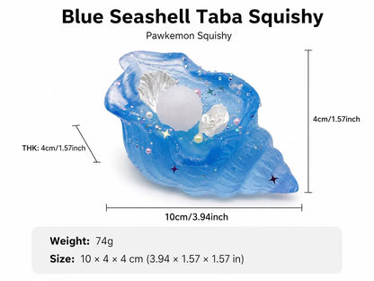 Blue seashell-shaped squishy toy with measurements and weight details on a white background