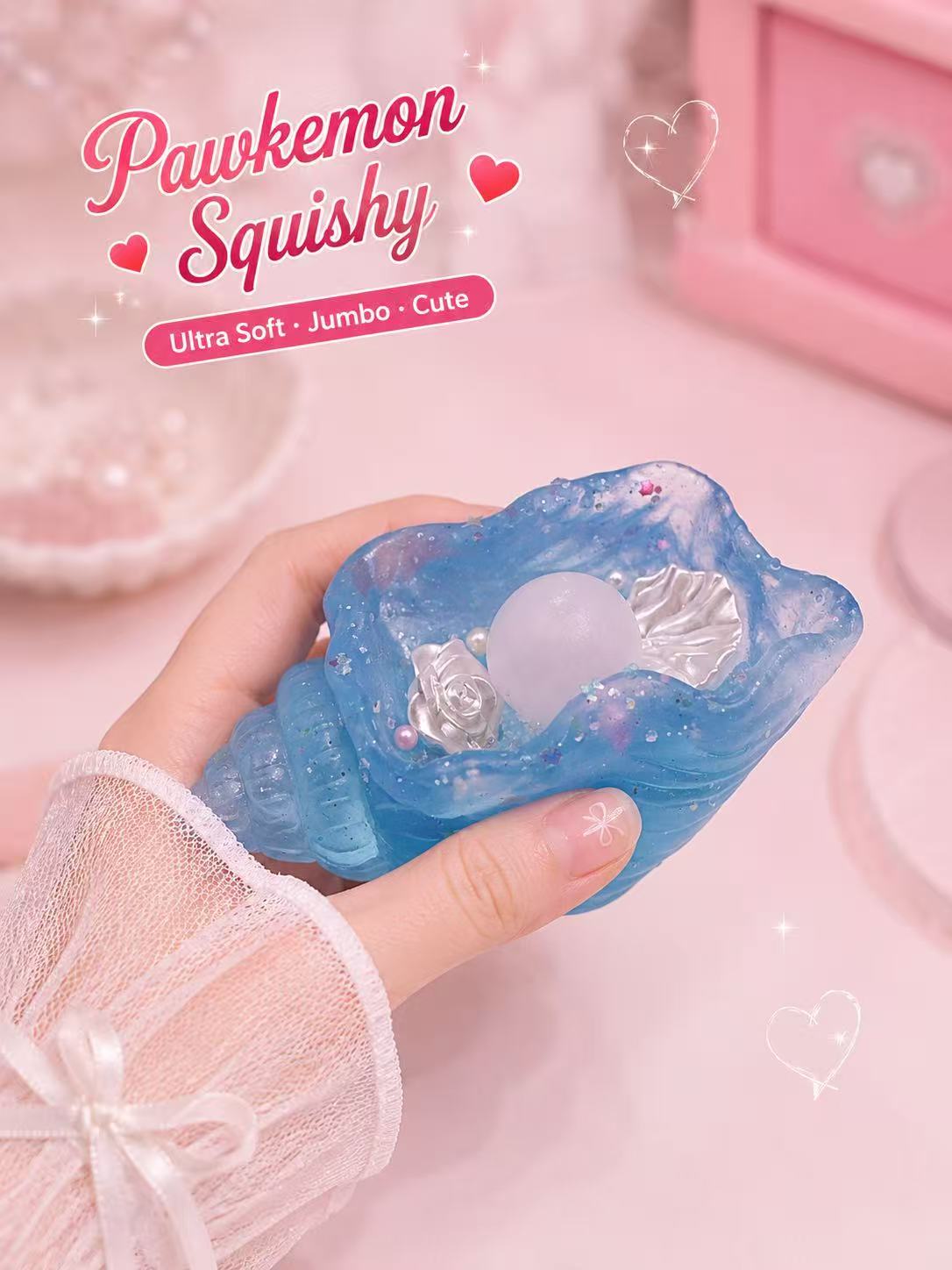 Blue Shell squishy toy held by a hand with 'Pawkemon Squishy' branding on a pink background.
