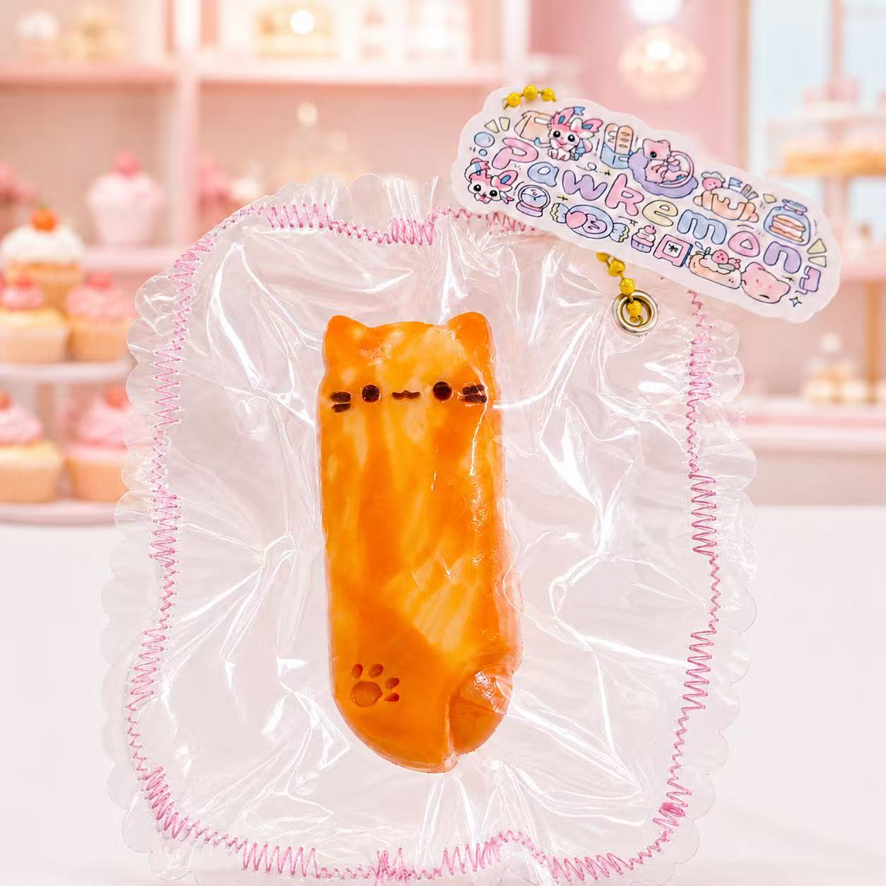 cheese bar squishy with cat fact sealed in pawkemon handmade bag