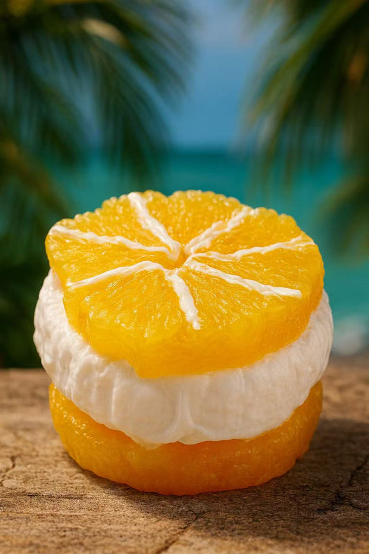 realistic orange slice squishy toy with whipped cream layer, slow-rising stress relief collectible, kawaii fruit dessert squishy for stress relief, fidget play, and cute desk decor.