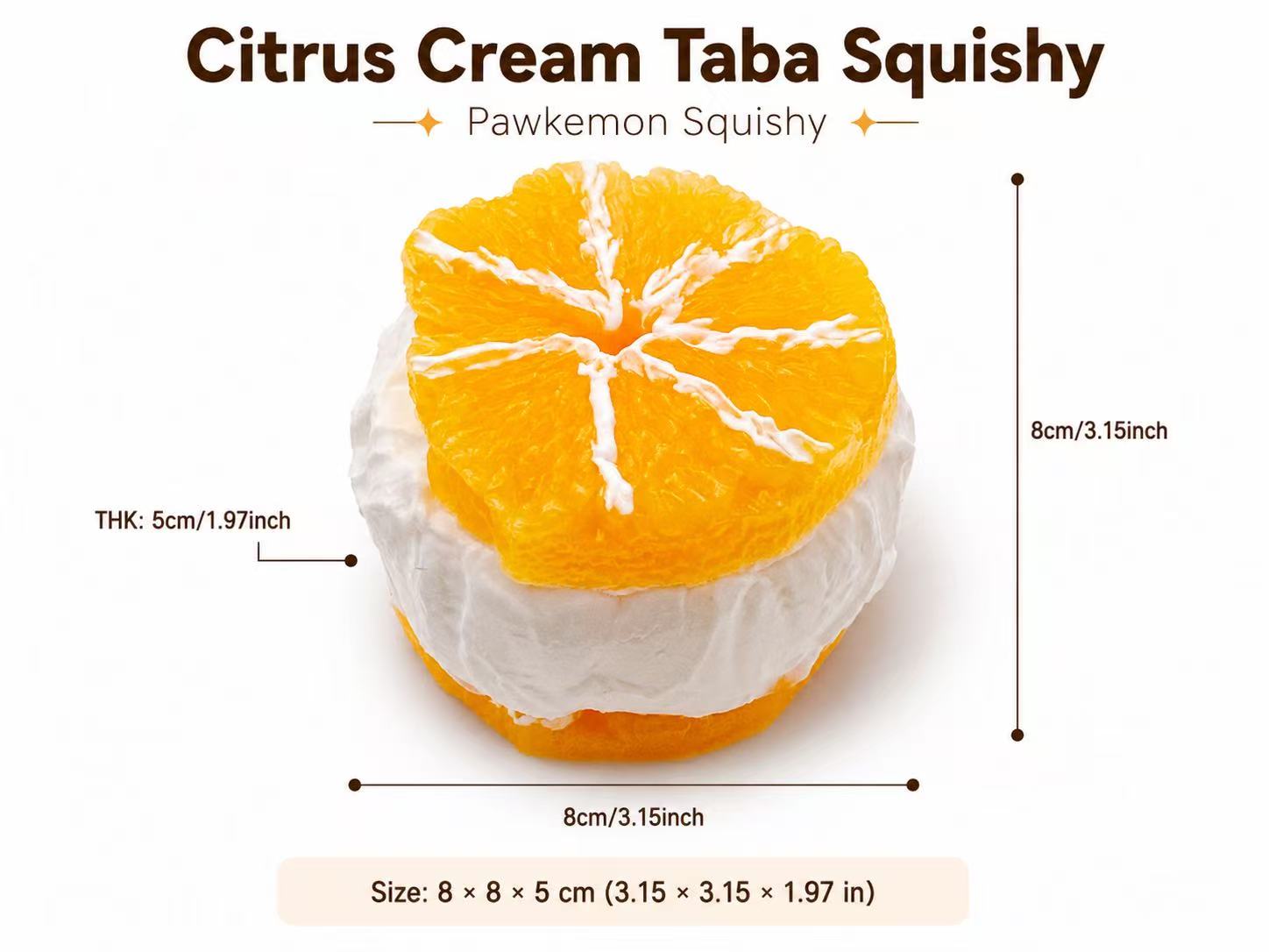 Citrus Cream Taba Squishy with dimensions and measurements on a white background