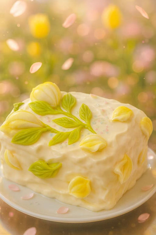 Decorative Flower Taba Squishy with green leaves and yellow accents on a blurred floral background