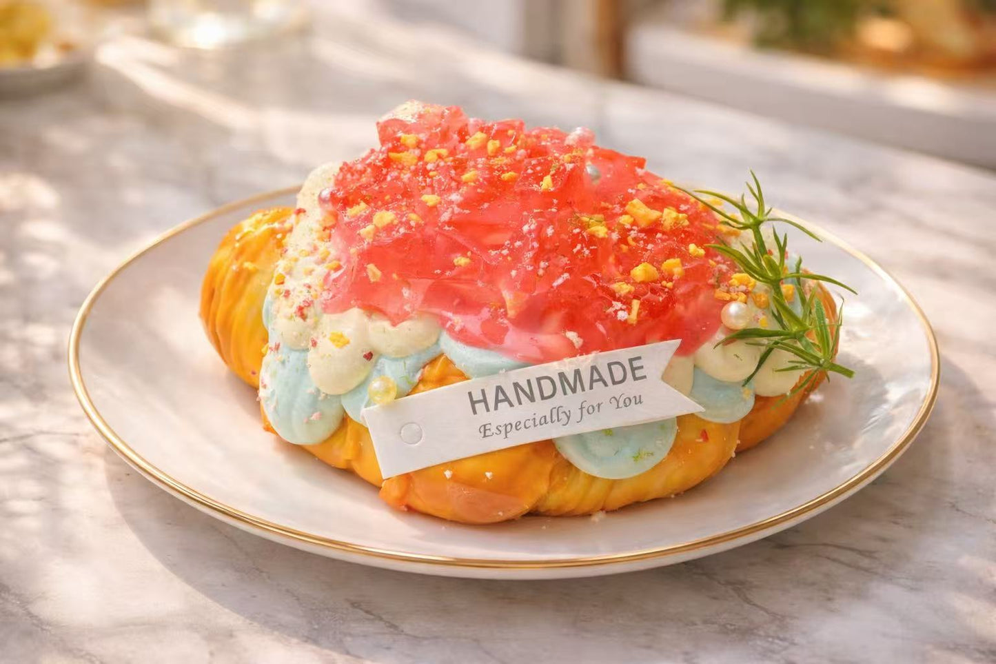 Dreamy Peach Croissant Taba Squishy, handmade silicone dessert squishy with translucent peach jelly topping, creamy pastel filling and realistic croissant texture, aesthetic collectible stress relief toy
