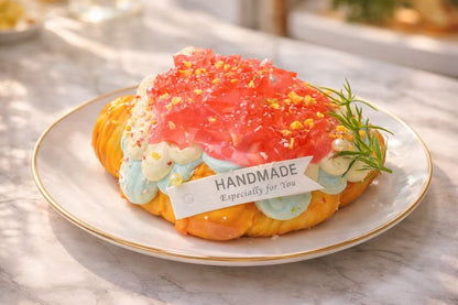 Dreamy Peach Croissant Taba Squishy, handmade silicone dessert squishy with translucent peach jelly topping, creamy pastel filling and realistic croissant texture, aesthetic collectible stress relief toy
