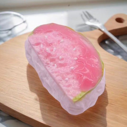 Guava Soufflé Taba Squishy in pink and white design, realistic handmade stress relief toy shaped like tropical guava dessert, kawaii slow rising squishy for collectors and gift