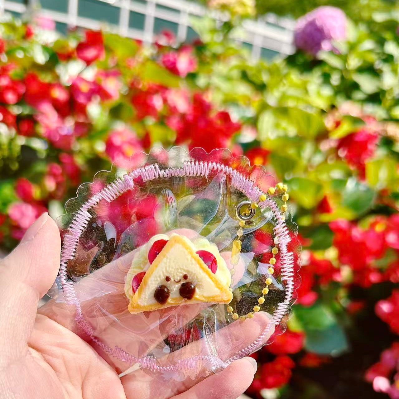 Mini Jellycat Sandwich Taba Squishy with kawaii smiling face, cute triangle sandwich squishy toy in clear PVC bag, held by hand against colorful flower background
