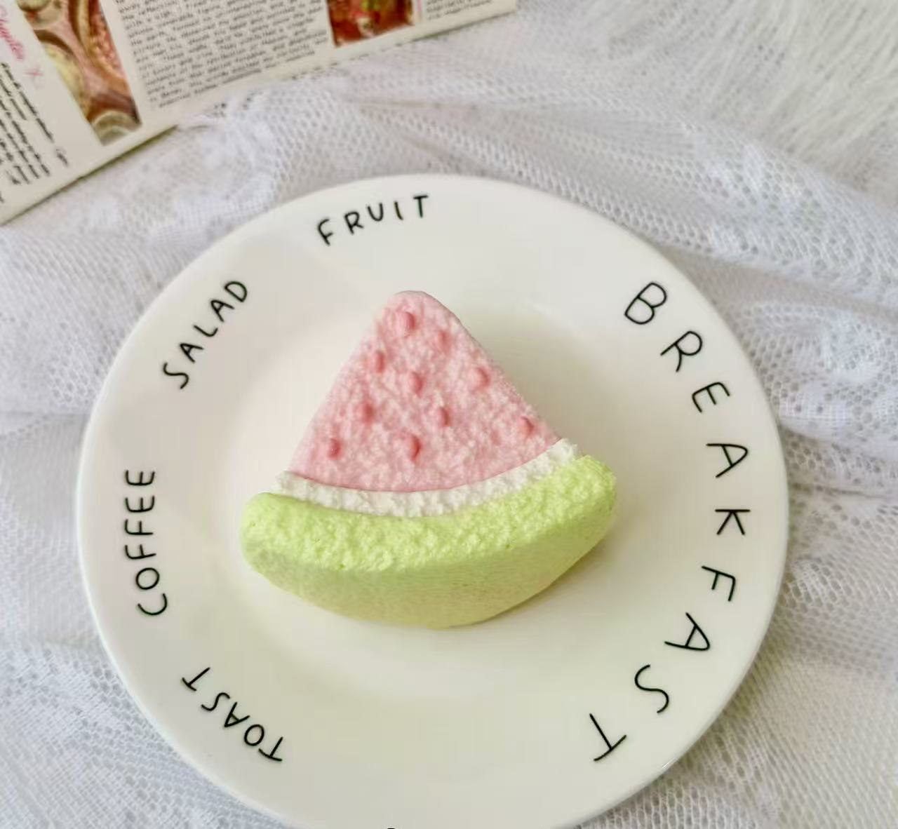 Melon Mousse Taba Squishy – handmade pastel melon slice squishy with pink mousse top, soft slow-rising kawaii stress relief toy