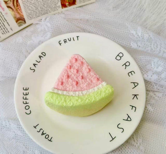 Melon Mousse Taba Squishy – handmade pastel melon slice squishy with pink mousse top, soft slow-rising kawaii stress relief toy