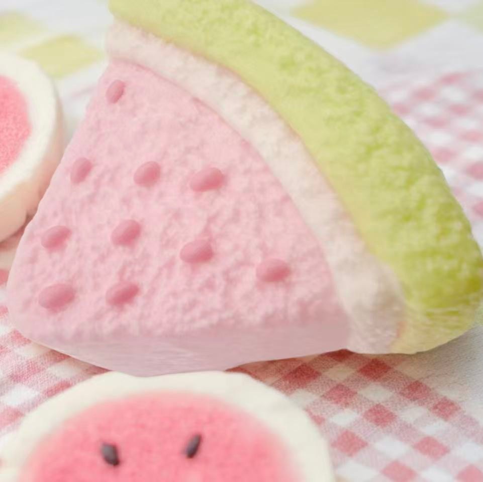Melon Mousse Taba Squishy toy slice, pastel pink and green melon dessert squishy for stress relief and kawaii collectors