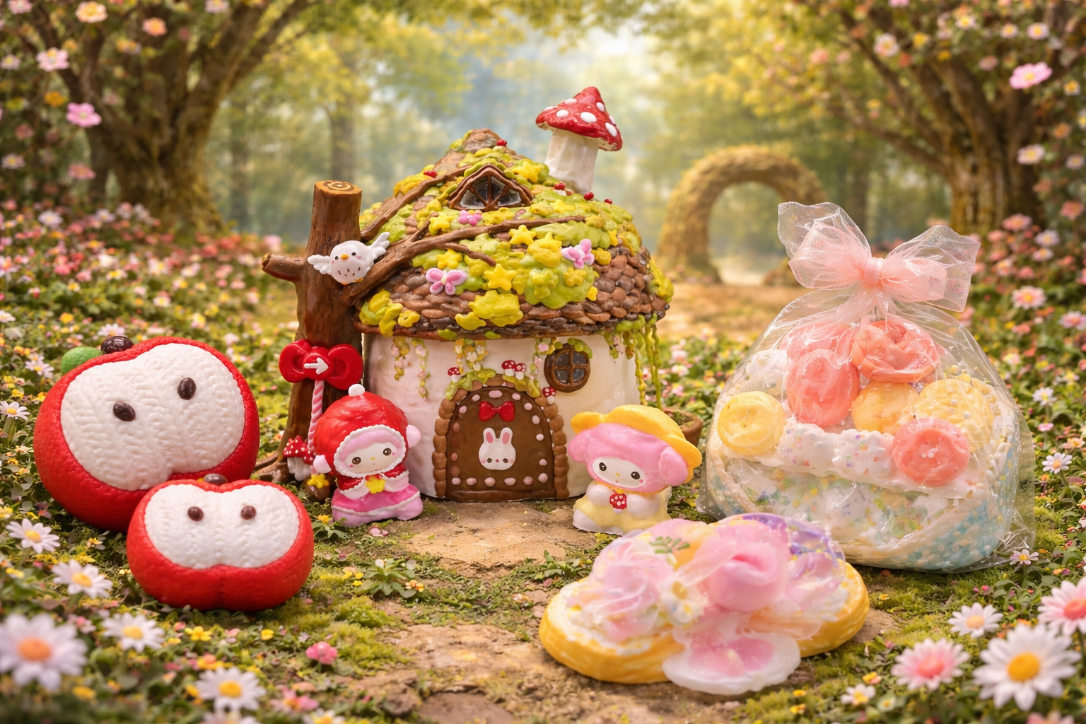 Pawkemon squishy display with cute character squishy and food themed squishy in a whimsical garden setting.
