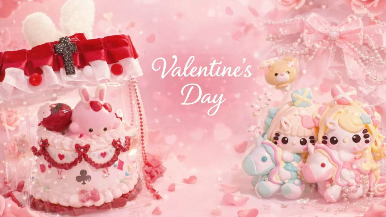 Valentine's Day-themed silicone taba squishy toys  on a pink background with 'Valentine's Day' text.