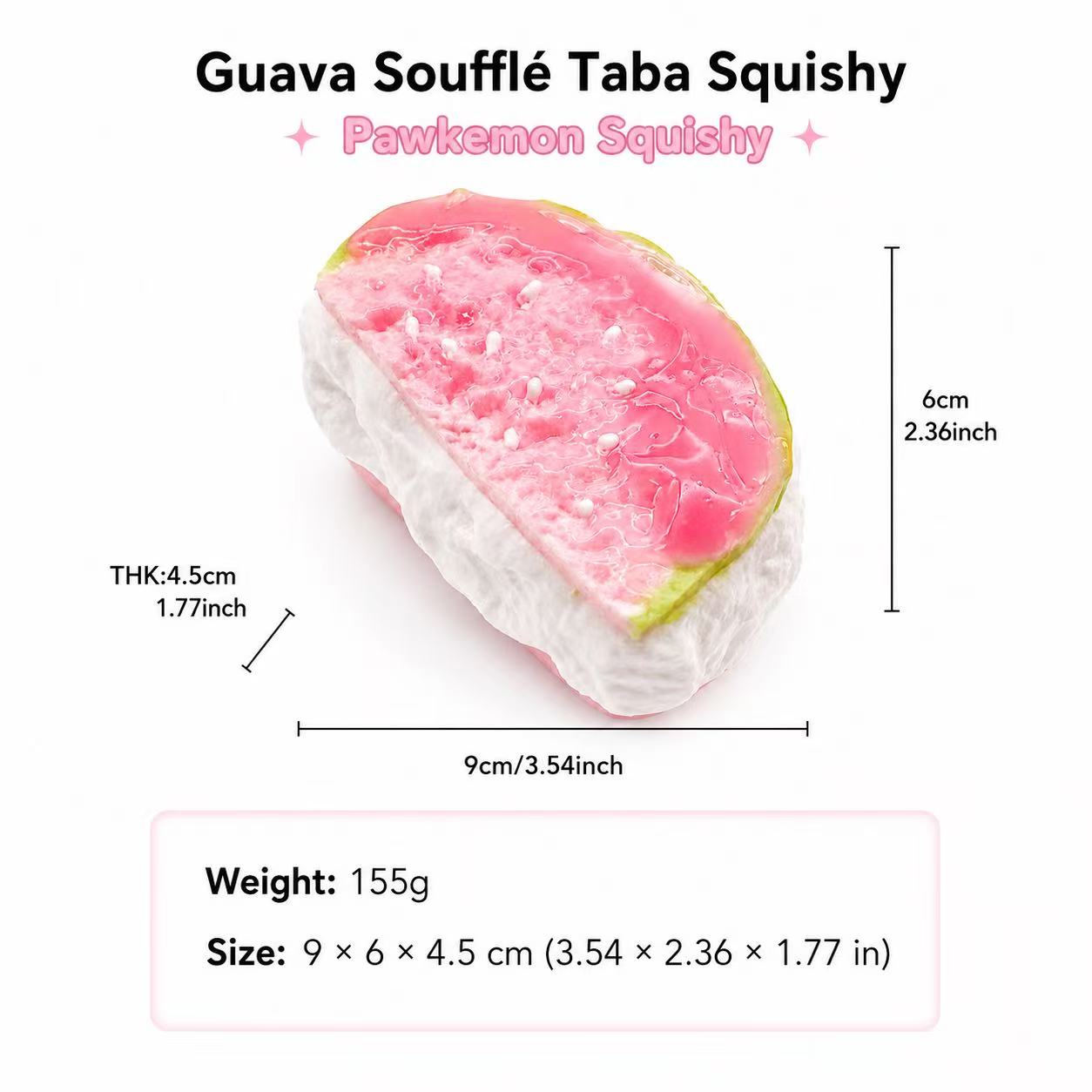 Guava Souffle Taba Squishy with measurements and details on a white background