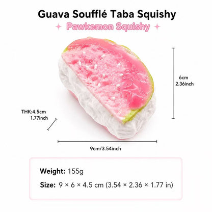 Guava Souffle Taba Squishy with measurements and details on a white background
