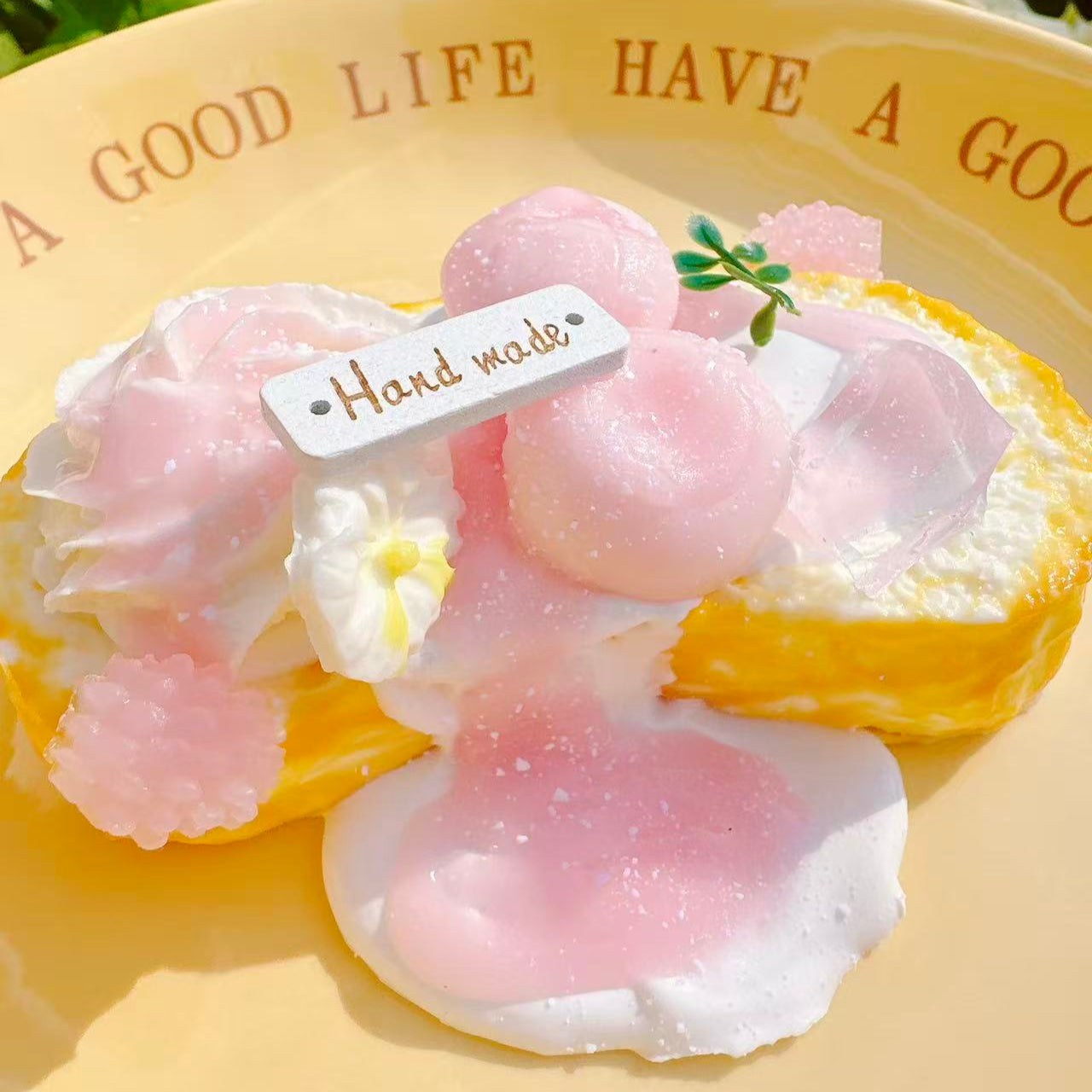 Peach bread Taba Squishy toy with cream and peach topping, realistic toast squishy for stress relief and kawaii collection.
