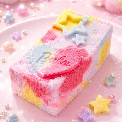 Pink Denim Brick Taba Squishy – handmade silicone squishy toy with pastel colors, creamy texture, heart and star details, kawaii stress relief toys