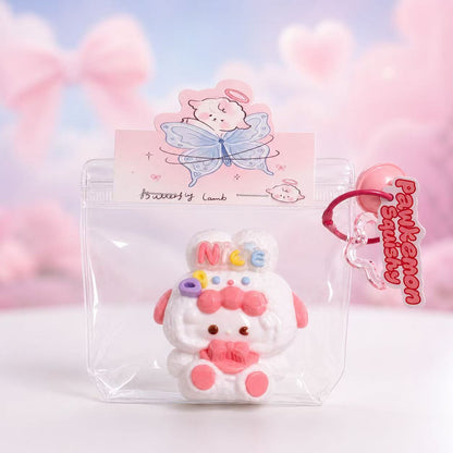 Cute Bunny character keychain in packaging with a pink and white background