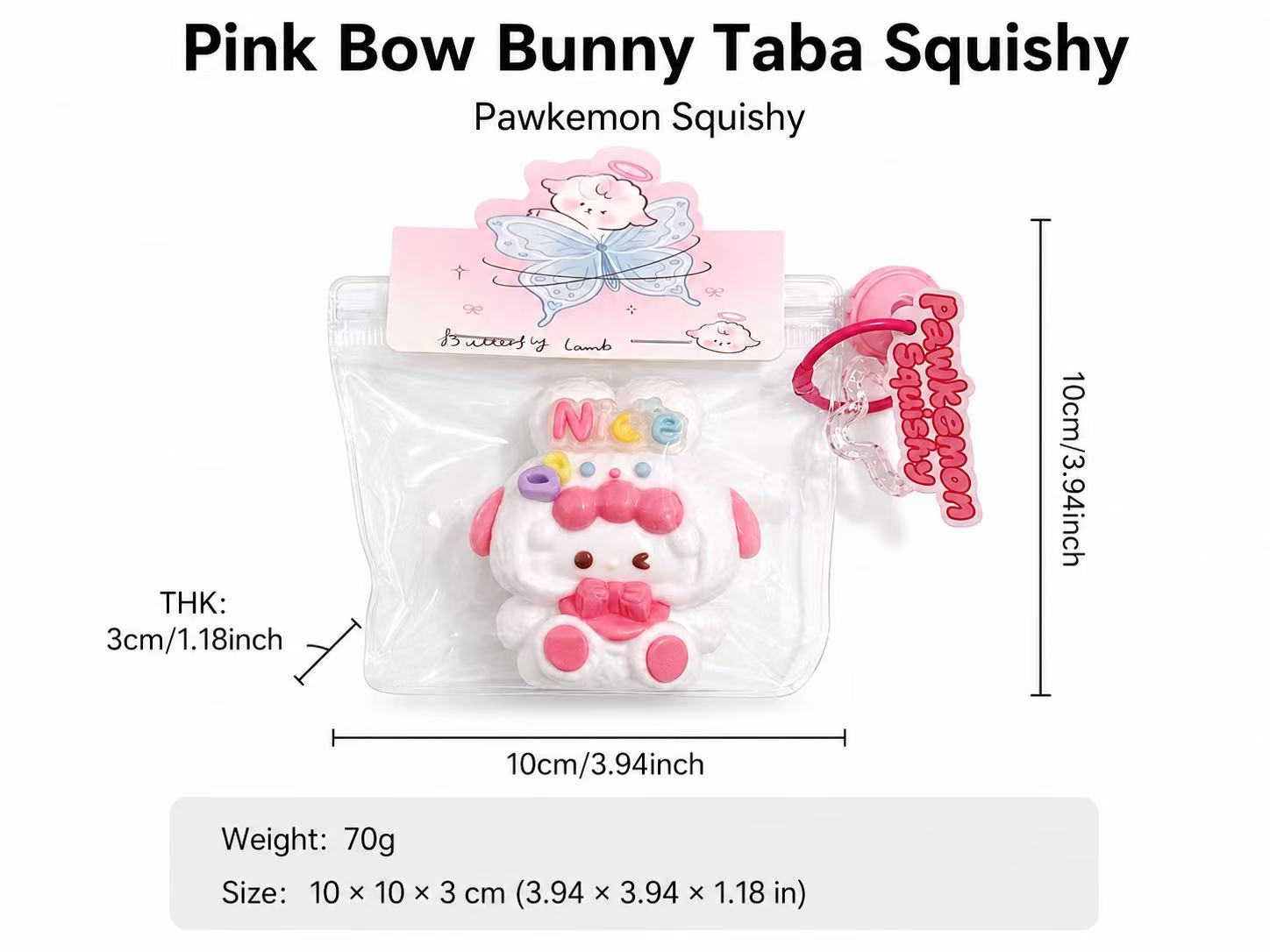 Pink bow bunny Taba Squishy with packaging and measurements on a white background