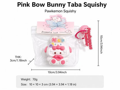 Pink bow bunny Taba Squishy with packaging and measurements on a white background