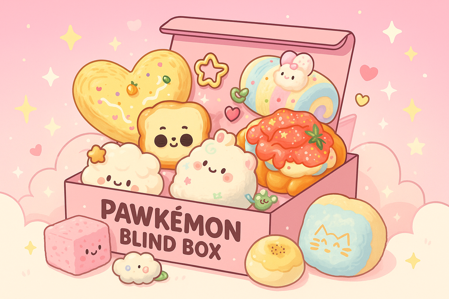 Cartoon-style 'Pawkemon Blind Box' with cute characters on a pink background