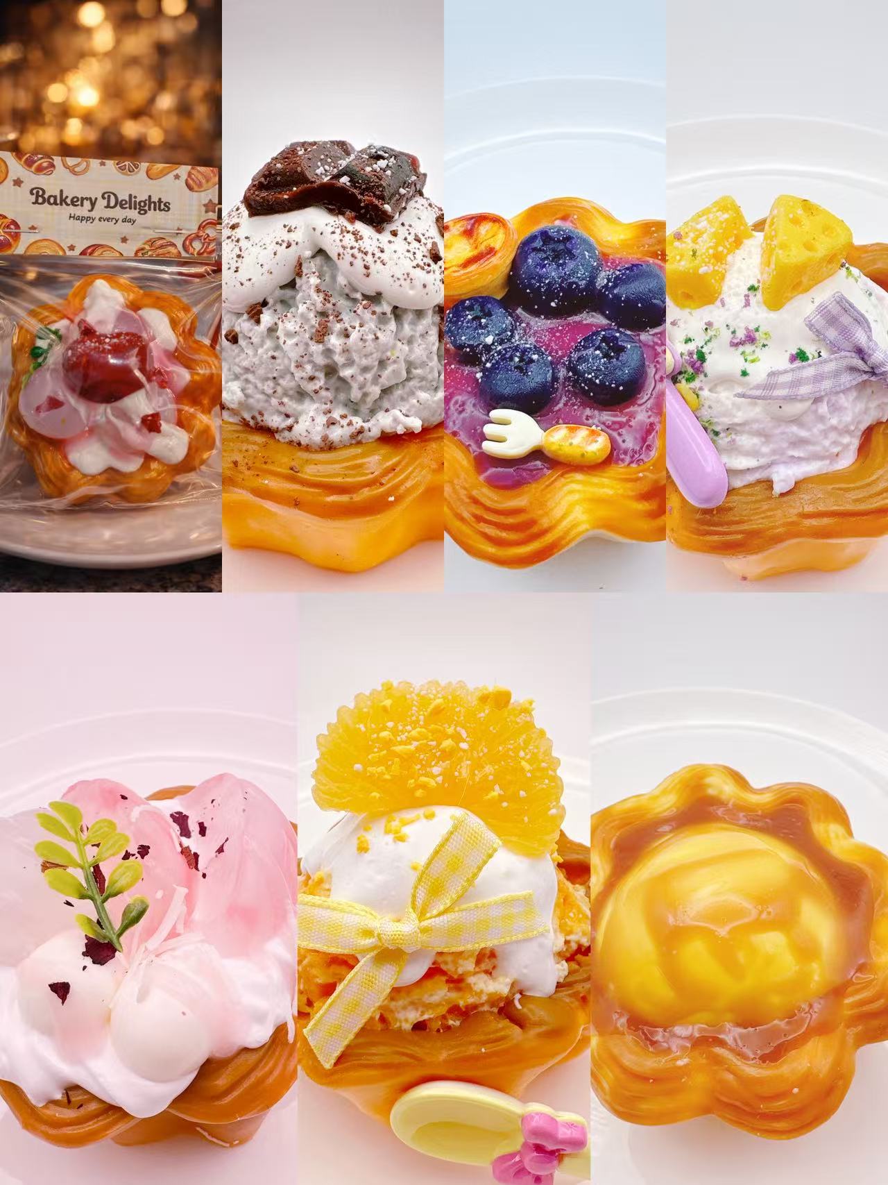 Collage of various pastries with different toppings on a white background