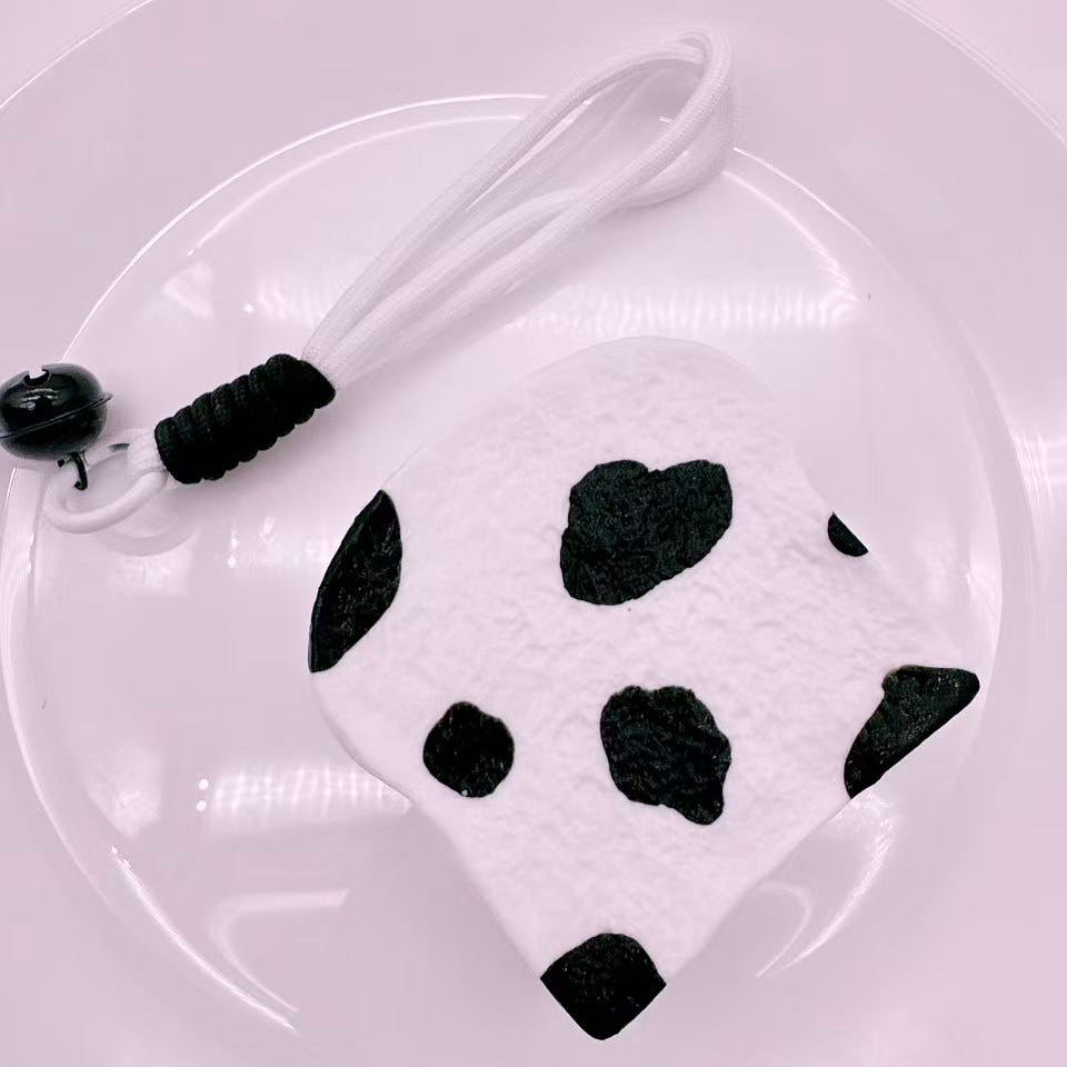 Thick Cow Toast Taba Squishy – large handmade toast squishy with classic black cow print, soft slow rising stress relief toy for kawaii collectors
