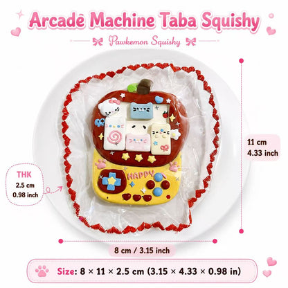 Arcade Machine Taba Squishy size chart showing the product measurements, width, height, and thickness