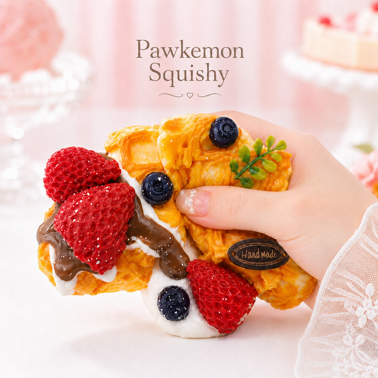 Hand holding and gently squeezing Berry Blossom Waffle Taba Squishy, a handmade dessert squishy with strawberries, blueberries, cream, and chocolate drizzle by Pawkemon Squishy.