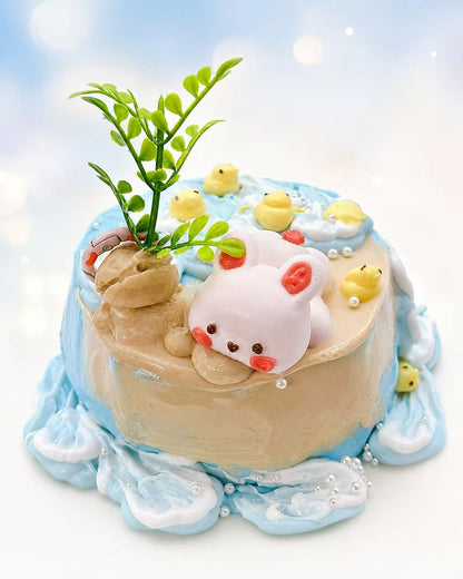 Front view of Bunny Beach Cake Taba Squishy showing the bunny, blue ocean waves, duck details, sandy cake top, and creamy handmade silicone texture.