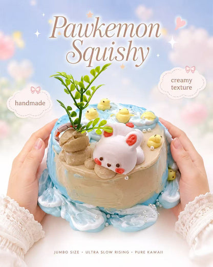 Two hands holding the jumbo Bunny Beach Cake Taba Squishy by Pawkemon Squishy, showing its large size, soft creamy texture, and handmade beach cake details.