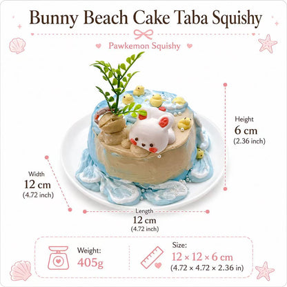 Size guide for Bunny Beach Cake Taba Squishy with measurements, weight, bunny beach design, blue ocean waves, yellow ducks, and handmade silicone details.