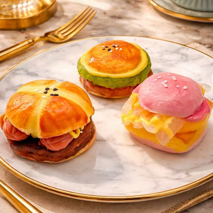 Burger Trio Taba Squishy set featuring Pink Shrimp Deluxe Burger, Meat Lover’s Supreme Burger and Spicy Crispy Chicken Burger, ultra realistic handmade creamy squishy toys
